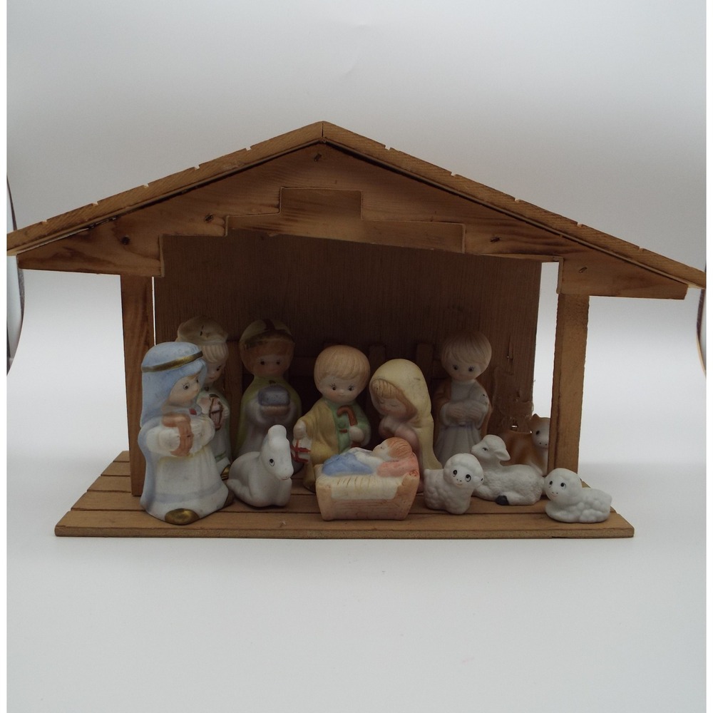 Nativity Set #3 Vintage Small Porcelain 12 Figurines with Wooden Stable